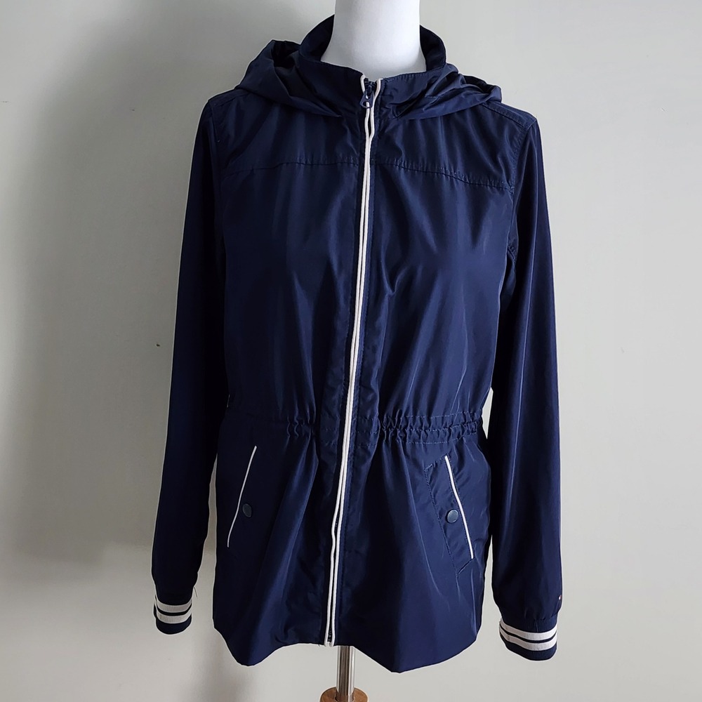 Tommy Hilfiger Hooded Anorak Jacket Womens Small Navy Blue Full Zip Windbreaker